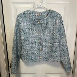 Nanette Lepore Textured Blue Blazer size large gold and pearl button detail